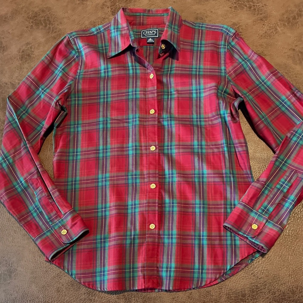 Chaps Classics Womens Red Green Plaid Cotton Button Down Shirt Gold Buttons M